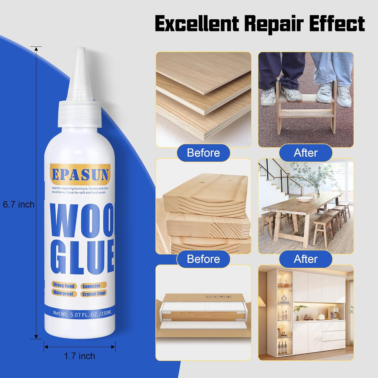 2 Pack Wood Glue, Strongest Glue for Woodworking, Waterproof Clear Wood Glue for Furniture Heavy Duty, Professional Furniture Repair Glue for Indoor & Outdoor Use(150g*2) - Image 5